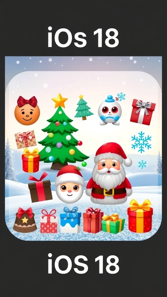 Aesthetic Christmas emojis including a tree, Santa, snowflakes, and gifts on a winter background.